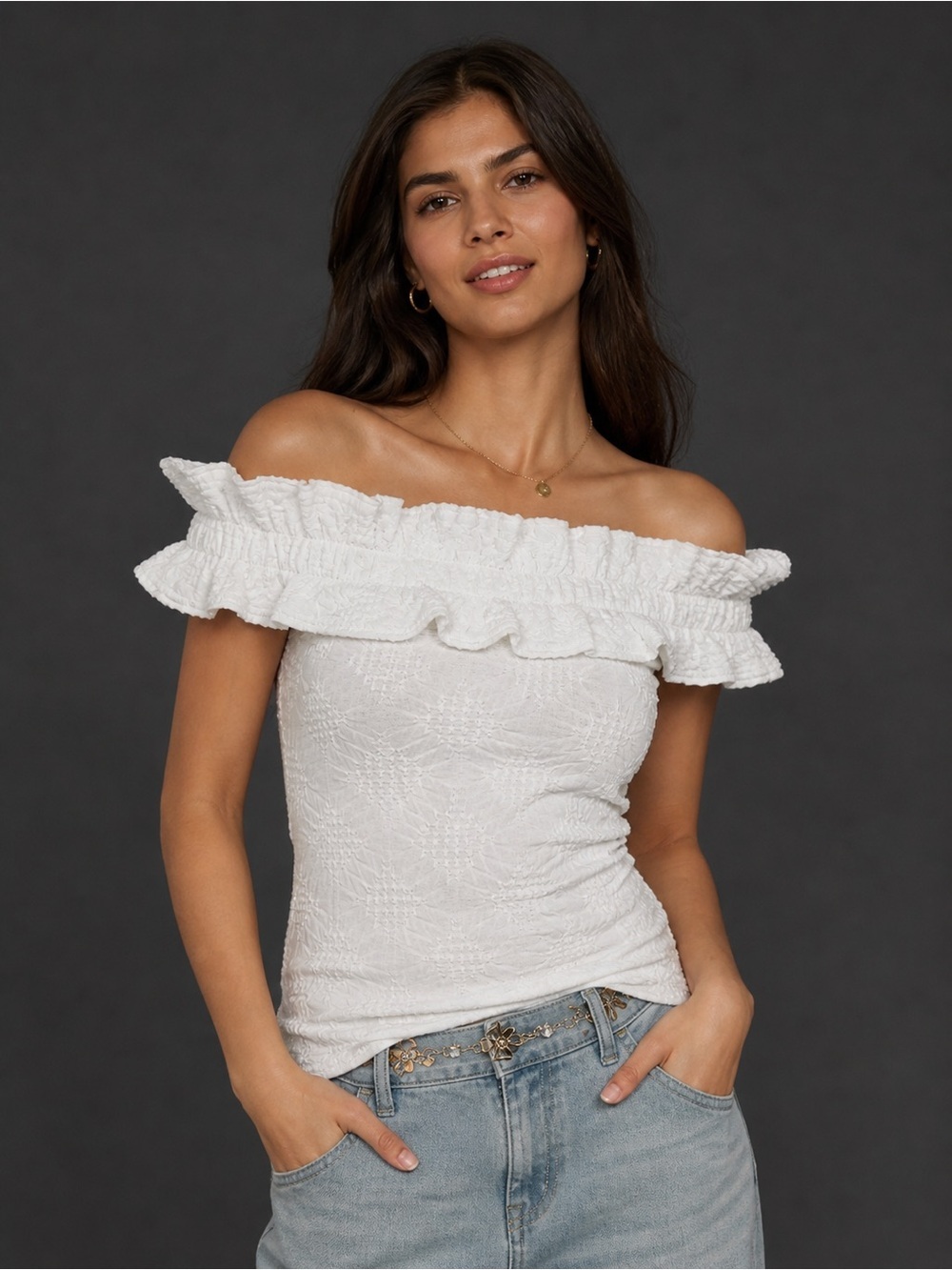 Maeve White Off-the-Shoulder Ruffle Camisole